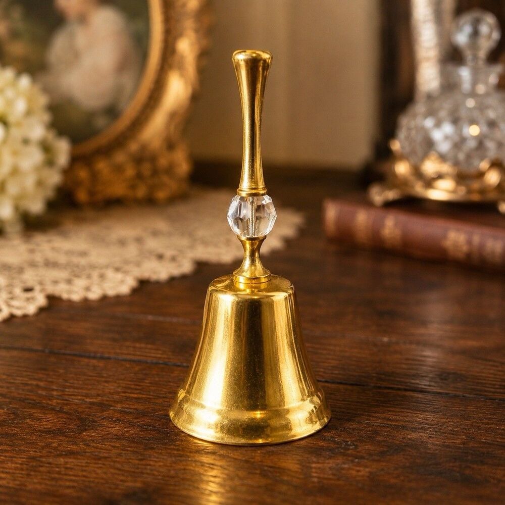 Vintage Gold Tone Hand Bell Crystal Accent Clear Ring Dinner Service Table Decor